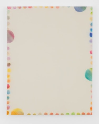 A painting on cream ground. There are multi-colored dots lining the edge of the canvas. There are 4 semi-circles coming off the edges that are larger than the other circles. They are pink (left), yellow (bottom-left), green (right) and blue (top-right).