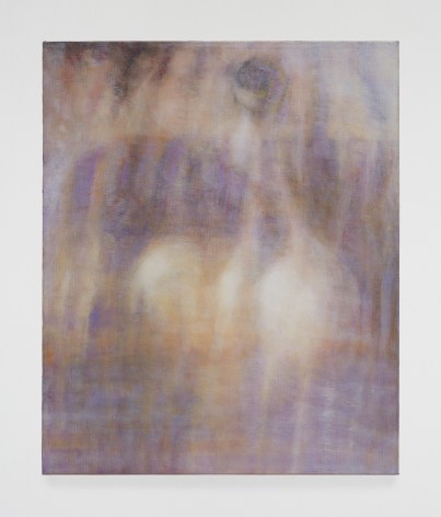an abstract painting of purple, beige, white and blue.