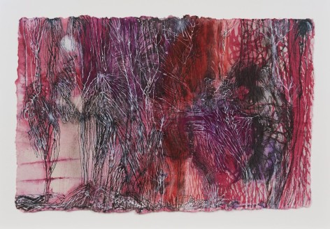 A photograph of a drawing on paper that is predominantly pink, purple, and red. It is a membrane of sorts, with all-over lines and white strains. It is a dense composition, heavily weighted on the right.