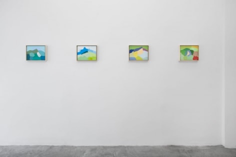 A photograph of 4 technicolor abstract landscapes hung on the wall