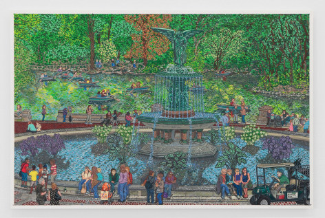 A painting of Bethesda Fountain in NYC's Central Park, on a summer day with lots of people gathered, sitting on the edge of the fountain, trees in full green bloom.