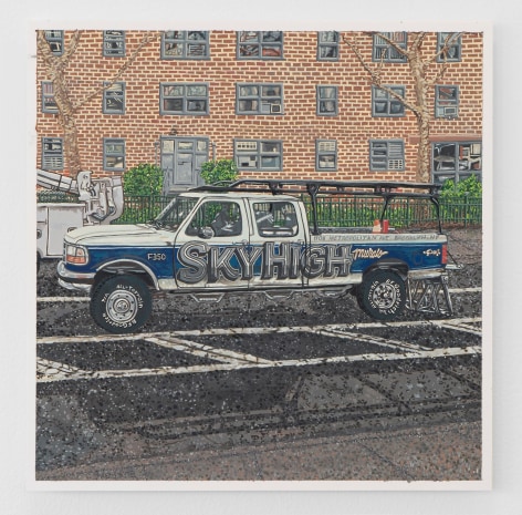 A painting of a pickup truck parked in a vacant lot with a brick apartment building in the background. The truck says &quot;SKYHIGH&quot; across it's door and half of the caddy.