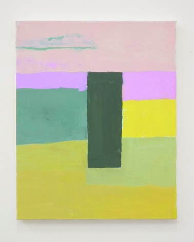 An abstract painting in tones of green, yellow and purple
