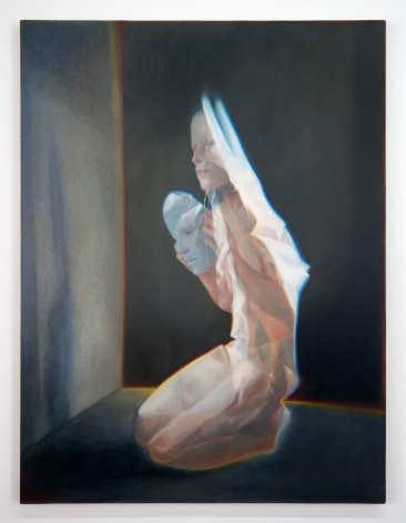 A semi-photorealistic painting of a naked woman kneeling on the ground, looking at a clear mask in her hands. She is looking at a grey wall, which projects her shadow. there is a black wall behind her, outlined in yellow/orange like a light is lit behind it.