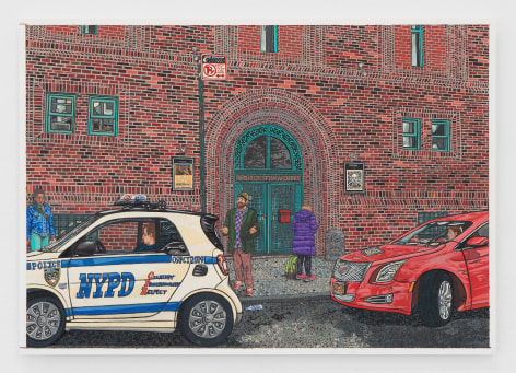 The brick exterior of Anthology Film Archives in NYC, with a small NYPD car and red cadillac parked on the sidewalk. Two figures stand in front of the Archives' green door.