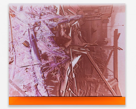 A photograph of broken wood, reverse-printed, in purple and orange hues