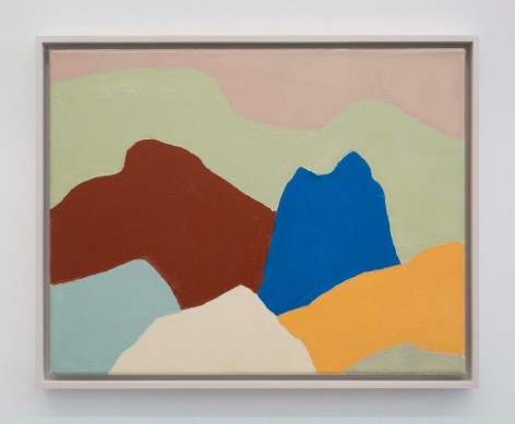An abstracted mountain landscape that includes tones of pink, brown, blue, and orange in organic shapes.
