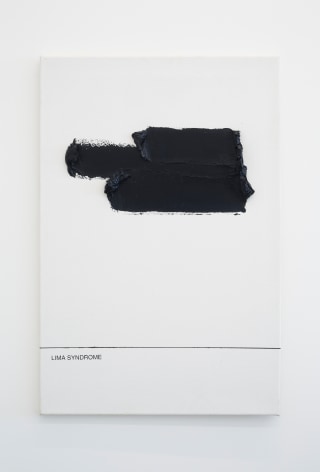An abstract painting in black with the words &quot;Lima Syndrome&quot; at the bottom.