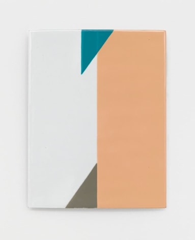 An abstract composition with a vertical line down the center. On the left is white, on the right is a pale orange. At the top near the center line, we have a teal triangle, at the bottom we see a gray triangle.