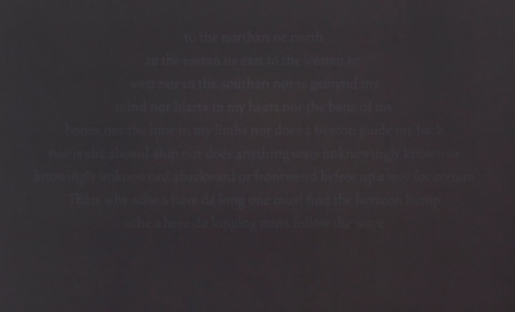A detail of Bergvall's black ground upon her silkscreen work, where the text is legible. The text is poetry.