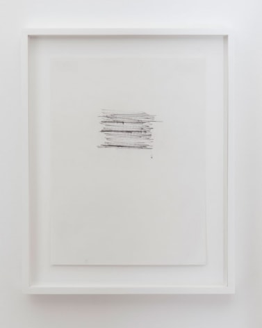 A composition of horizontal lines, where the middle line and bottom line are darker than the rest. It appears to be a doodle of sorts, very gestural. It is just higher than center of the page and the whole work is framed in white.