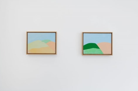 A photograph of 2 technicolor abstract paintings hung on the wall