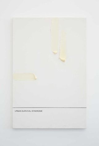 An abstract painting on white canvas. At the bottom, it says &quot;Urban Survival Syndrome&quot;