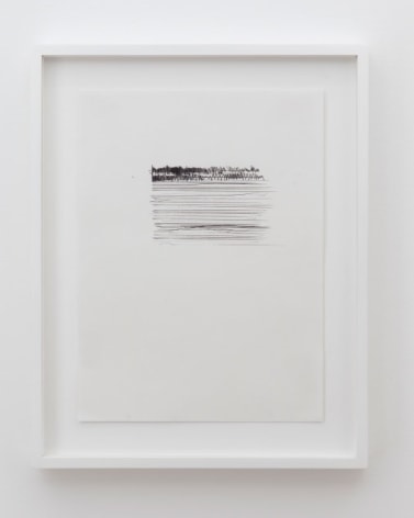 A drawing on paper that depicts a small block of horizontal lines in the top-center of a page. The top 1/6 of the lines are thick and somewhat cross-hatched. The work is framed in white.