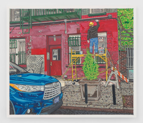 A painting of a man standing on yellow scaffolding, painting the red exterior on the first floor of an apartment building.