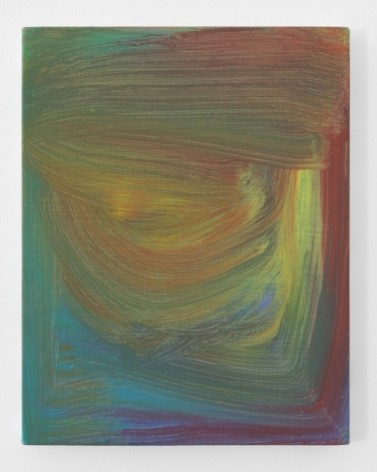 A painting with an overwhelming green tone. Brushstrokes are visible: the go from lateral edge to edge, and depict a half-circle in the center. Along the right-bottom edges is red and purple tones. Otherwise, the painting is predominantly green, blue, orange and yellow.