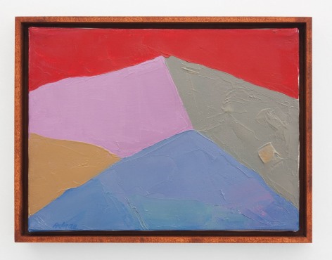 An abstract mountain painting in red, purple, blue, grey, and orange