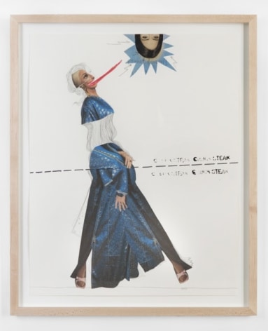 A photo-collage with a natural wood frame. There is a female body at the top with a pencil body drawn in. At the bottom are legs with a blue dress between them. There is a dotted line in the center of the image. At the top is a female head with a starburst around it at the top-right.