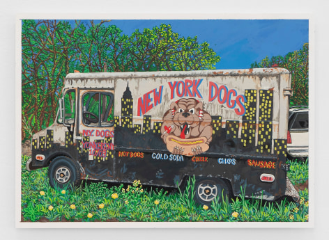 A painting on paper of a hot-dog truck parked in the grass, surrounded by trees and flowers. There is a cartoon of a dog eating a hotdog against the New York City skyline.