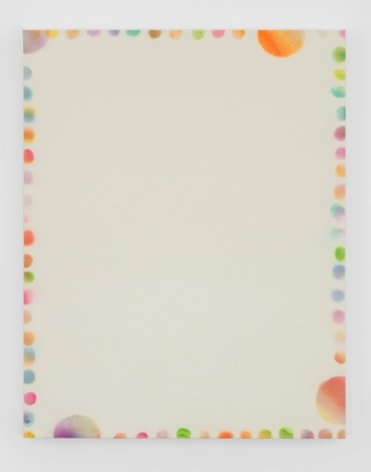 A painting on cream ground. There are multi-colored dots lining the edge of the canvas. There are 4 semi-circles coming off the edges that are larger than the other circles. They are light purple (corner, top left), purple (bottom), orange (right) and orange (top-right).