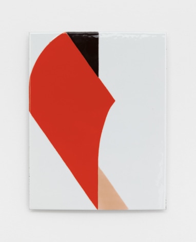 An abstract composition with a central vertical axis. On the left is a red shape on a white background. There is a black triangle near the top, and a beige triangle near the bottom.