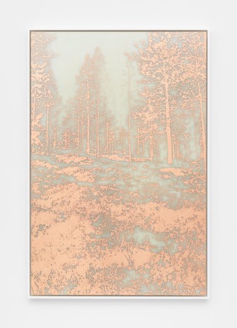 A photograph of a photo-etching made from copper, where the image is a heavily-wooded landscape with all positive space defined in orange copper. The background looks like a cloudy grey-green.