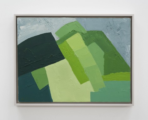 An abstract composition of a mountain in varied hues of green and blue (for the sky)