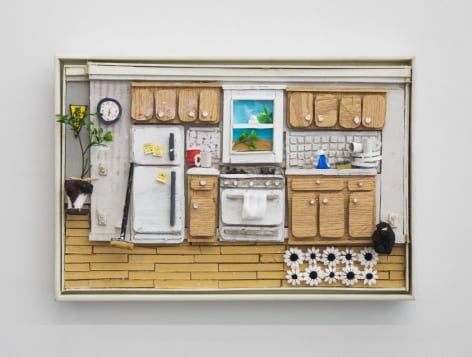A sculptural depiction of the artist's kitchen with compressed space.