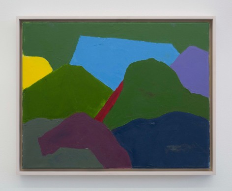 A painting of an abstracted mountain landscape. The image is made up of predominantly moss green tones, as well as purple, yellow, and blue.