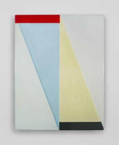 An enamel painting with a central vertical axis, and triangular shapes in baby blue, yellow, seafoam, and off-white. There is a black line at bottom.