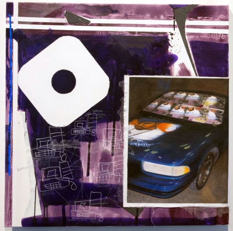 painting in mostly purple colors showing a network of computers tied together with squiggles and the hood of a car with a mans face painting on the hood