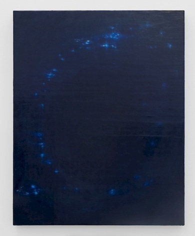 A painting on canvas. There is a predominantly navy background with twinkles of light blue in the shape of a capital &quot;C&quot;, resembling flickers of light.