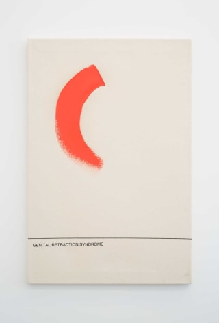 An abstract orange shape on a beige canvas, with &quot;Genital Retraction Syndrome&quot; written at the bottom