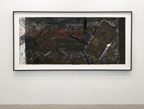 An installation shot of Kahlil Robert Irving's collograph print, framed in black