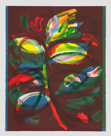 A multicolor print of a spring with leaves upon it. Mostly red, yellow, green, blue tones