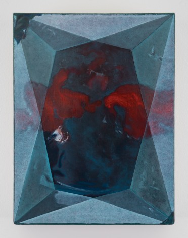 A painting of a diamond face, which is mostly light blue and white. There is a red horizontal blemish that touches both sides of the painting.