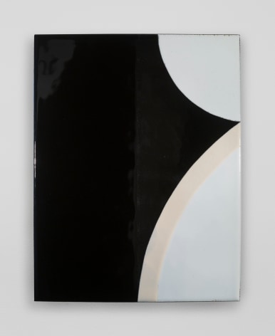 An enamel painting on black ground with white circular bumps jutting from the right.