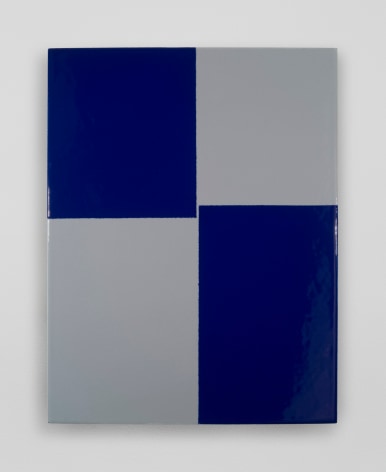 An enamel painting on grey ground with 2 blue rectangle (top-left, bottom-right), splitting it into nearly 4 quadrants.