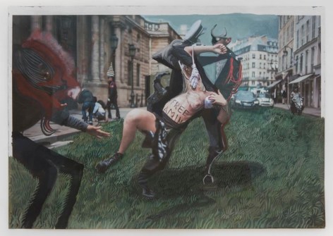 An image from a newspaper that has elements of collage and paint over it. The image depicts animal-hybrids seemingly dancing in the grass, surrounded by buildings.