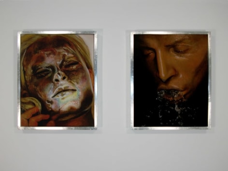 A photograph of 2 paintings in silver frames hung upon the wall
