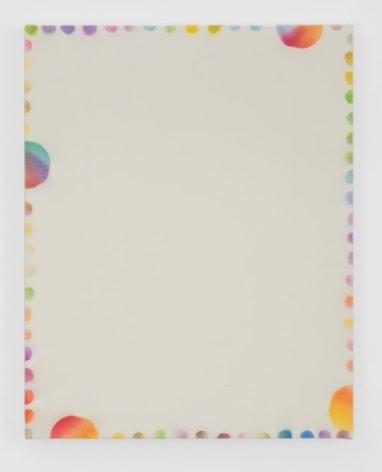 A painting on cream ground. There are multi-colored dots lining the edge of the canvas. There are 4 semi-circles coming off the edges that are larger than the other circles. They are green/blue/pink (left), orange/red (bottom), orange (right) and red (top).