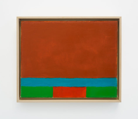 A abstract composition with two-thirds of the top portion of the canvas in burnt sienna; the bottom-third has a strip of sky blue, then a strip of kelly green along the bottom edge. In the center of the green strip is a red rectangle.