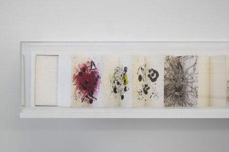 A photograph of 1 vitrine containing a leporello by Etel Adnan