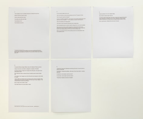 sheets of paper with printed texts that are excerpts from a fictional piece by the artist.