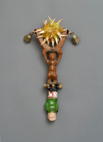 Joyce J. Scott From the Ancestry/Progeny series: Race Rattle, 2009 ceramic crockery, wooden African slingshot, glass beads, crab claws and thread 13 x 7 1/2 x 4 inches (33 x 19.1 x 10.2 cm) (JJS09-03)
