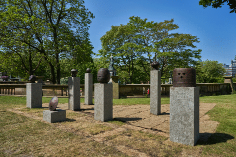 Nicholas Galanin, Threat Return, 2023. Overall Installation view at St Johns Gardens, Liverpool Biennial 2023, United Kingdom. Photography by Rob Battersby.