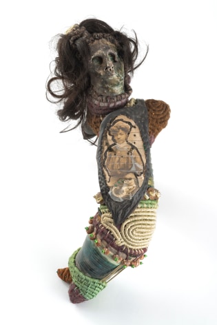 Joyce J. Scott Mammie Wada V, 1981 &ndash; 1978 mixed media, beads, thread, raffia, yarn, hair, leather, photograph and ink 14 x 18 x 10 inches (35.6 x 45.7 x 25.4 cm) (JJS78-02)
