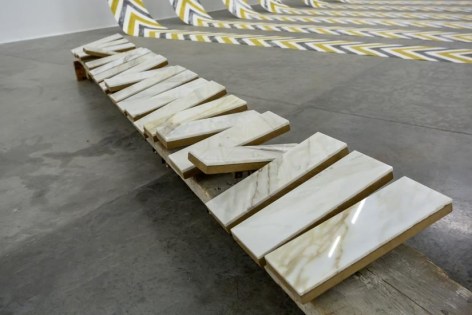 Hera B&uuml;y&uuml;ktaş&ccedil;ıyan, Chanting if I live, Forgetting it I die, 2017, Kinetic sculpture: Wood and marble, 267 x 30 x 25 cm