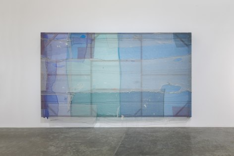 Jumana Manna, Theory of an Unfinished Building (River), 2022, Scaffold dust sheet, wooden frame, string, concrete, plaster