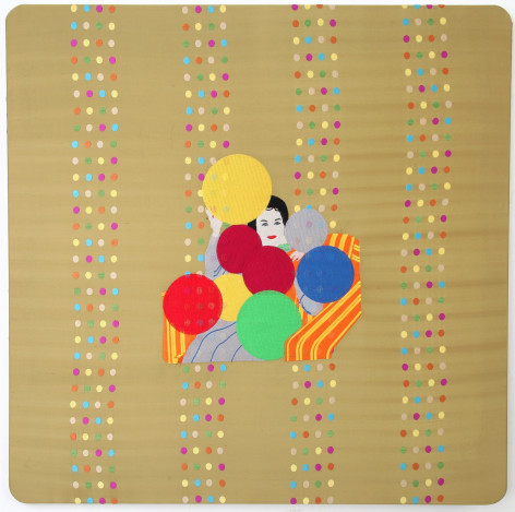 Raed Yassin, Mama with Balloons, 2013, Silk thread embroidery on embroidered silk cloth, 100 x 100 cm